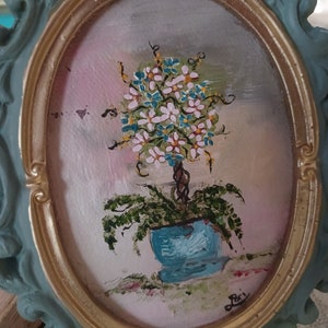 Original Miniature Floral Topiary Oil Painting Gold Frame