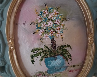 Original Miniature Floral Topiary Oil Painting Gold Frame