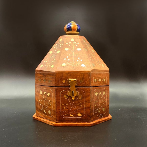 Vintage Handmade Carved Hexagonal Sandalwood Wooden Box with Brass Floral Inlay Design Fastner and Ceramic Finial Indian Origin