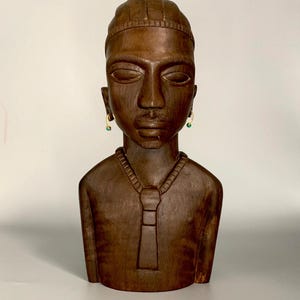 Vintage African Wooden Sculpture Wood Hand-Carved Bust of an African Tribal Man Tribal Art Traditional African Style African Art