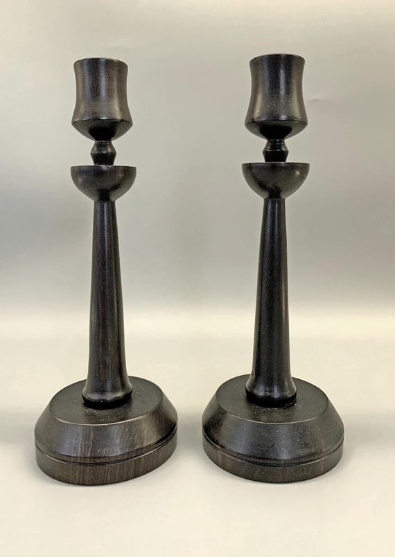 Wooden Ebony Candlesticks Hand-Turned Modernist Mid-Century Style Candle Holders
