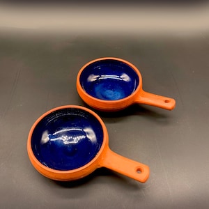 Pair of Cobalt Blue Studio Pottery Ramekins with Handles, Signed CP