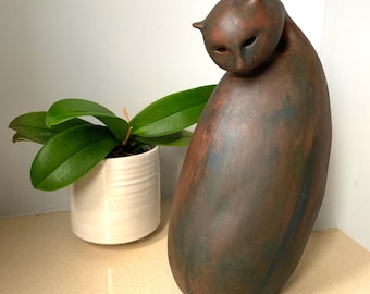Terracotta Cat Figurine, Earthenware Sculpture (10.5 Inches)