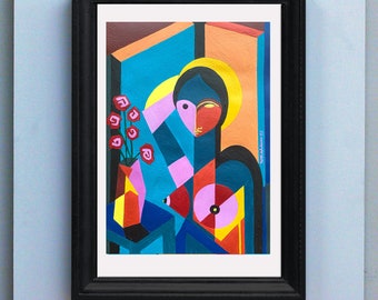 Cubist Woman with Roses Painting, Modern Art Portrait, Acrylic on Paper