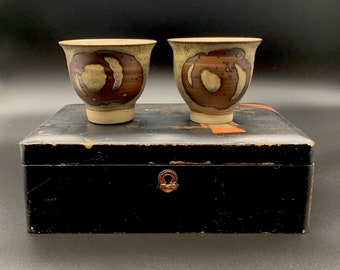 2 x Vintage Studio Pottery Yunomis/Tea Cups/Green Tea Cups/Macha Tea Cups Rustic Earthy Colours