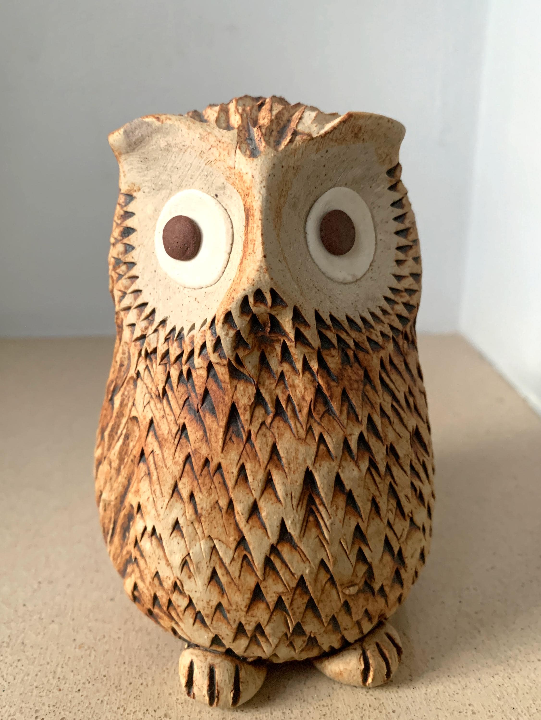 Studio Pottery Owl Vintage Stoneware Owl Figurine Maker Textured Surface Maker Unknown