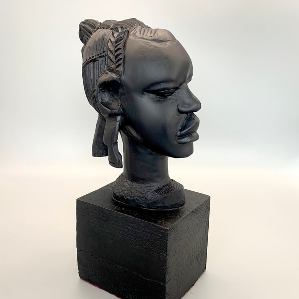 Vintage, Ebonised, Carved, Wooden African Head of a Woman on Wooden Stand