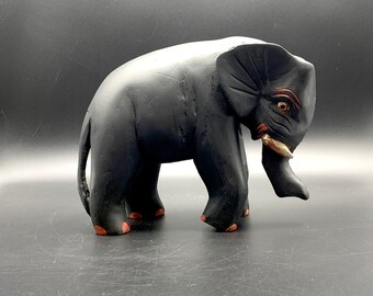 Vintage, Rustic, African, Black, Carved Wooden African Elephant