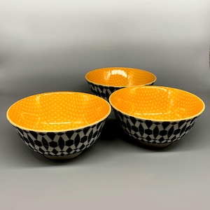 Set of Three Porcelain Soup Bowls/ Rice Bowls/ Cereal Bowls/ Noodle Bowls with Geometric Pattern on the Inside and Outside Yellow Interior