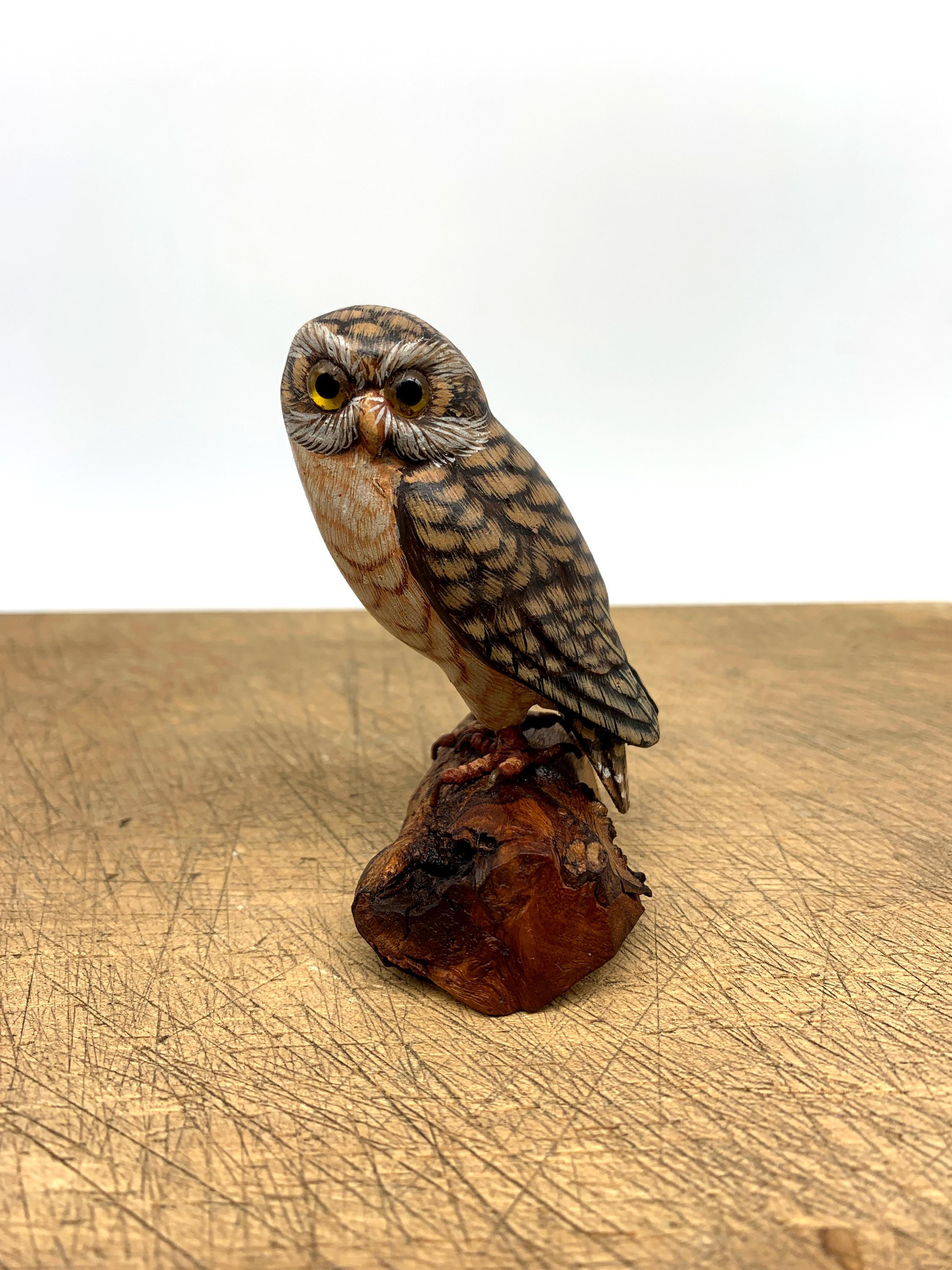 Wooden Owl Handpainted Wooden Owl on a Perch Handmade Wooden Owl