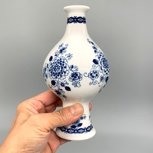 Unterweissbach Bottle Shaped Vase Blue and White with Floral Crysanthemum Design Rare Collectable German Porcelain