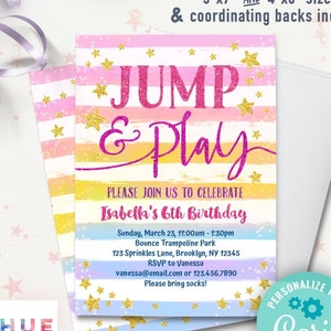 jump and play birthday invitation template EDITABLE FILE | bounce house trampoline jump tumble party invitation | gold stars rainbow stripes