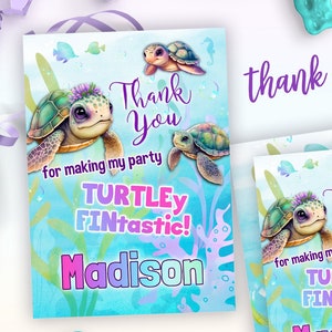 niedliche Meeresschildkröte Geburtstagsfeier Dankeskarten bearbeitbare Vorlage | Mädchen Schildkröte Pool Party Dankeskarte druckbare Vorlagen