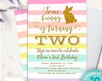 bunny birthday invitation EDITABLE FILE template | some bunny is turning TWO 2nd birthday | gold pastel rainbow easter birthday invitation