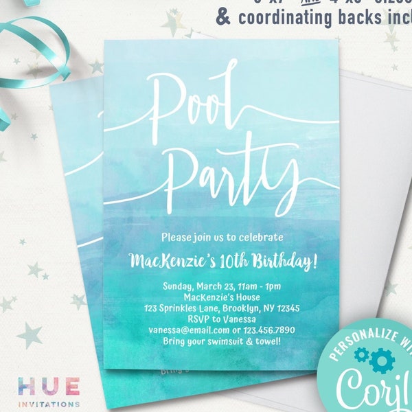 invitación de cumpleaños para fiesta en la piscina PLANTILLA EDITABLE / invitación para fiesta en la piscina para chicas adolescentes / acuarela azul agua turquesa ombre