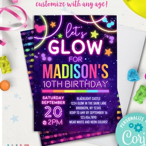 glow party invitation instant download | neon glow in the dark party girls teen birthday invitation EDITABLE TEMPLATE | rainbow stars space