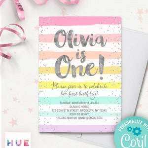 rainbow 1st birthday invitation EDITABLE FILE | silver confetti pastel rainbow stripes girls first birthday invitation | instant download