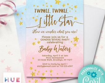 twinkle twinkle little star gender reveal invitation EDITABLE FILE | pink or blue watercolor gold stars | download gender reveal template