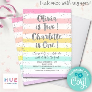 rainbow girls sibling birthday party invitations printable instant download template | double the fun silver confetti pastel stripes