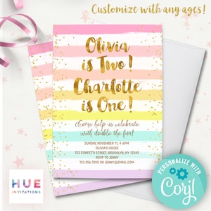 rainbow sibling birthday invitation girls joint birthday invitation instant download template | double the fun gold confetti pastel stripes