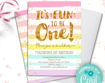 it's fun to be ONE girls 1st birthday invitation instant download | rainbow gold heart stripes and confetti cute first birthday invite