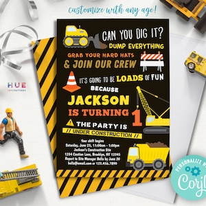 construction 1st birthday invitation instant download | dump everything can you dig it dump truck under construction party birthday invites