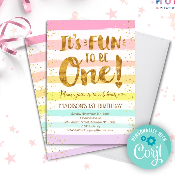 it's fun to be ONE girls 1st birthday invitation instant download | rainbow gold heart stripes and confetti cute first birthday invite
