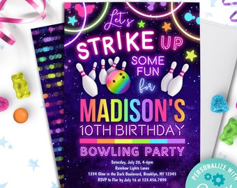 bowling birthday invitation instant download | let's strike up some fun bowling party invitation | rainbow neon glow girls birthday invite