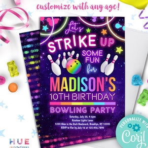 bowling birthday invitation instant download | let's strike up some fun bowling party invitation | rainbow neon glow girls birthday invite