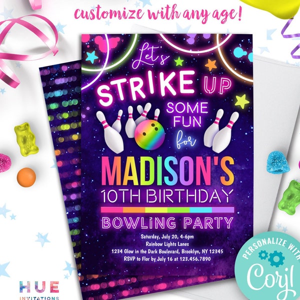 Bowling verjaardagsuitnodiging direct downloaden | laten we een leuke bowlingfeestuitnodiging bedenken | regenboog neon gloed meisjes verjaardag uitnodigen