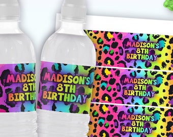 plantilla de etiquetas de botellas de agua con estampado de leopardo arcoíris / lindos envoltorios de botellas con patrón de guepardo colorido / etiquetas de botellas para fiesta de cumpleaños de niñas