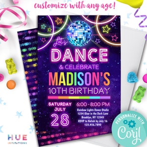 dance party birthday invitation instant download | glow rainbow girls disco birthday editable invitation | stars space galaxy disco ball