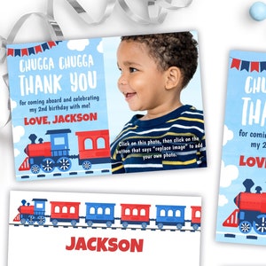 Tarjetas de agradecimiento para fiestas de trenes, plantillas Corjl / chugga chugga TWO TWO Plantillas editables de agradecimiento para fiestas de segundo cumpleaños con foto o sin ella