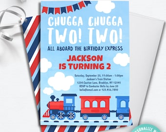 train 2nd birthday invitation instant download | chugga chugga TWO TWO boys train party second birthday invitation | red white blue invite