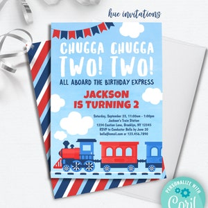 train 2nd birthday invitation instant download | chugga chugga TWO TWO boys train party second birthday invitation | red white blue invite