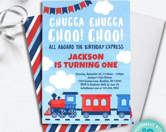 invitación de cumpleaños del tren descarga instantánea / chugga chugga choo choo boys tren fiesta 1a invitación de cumpleaños / invitación de tren azul blanco rojo