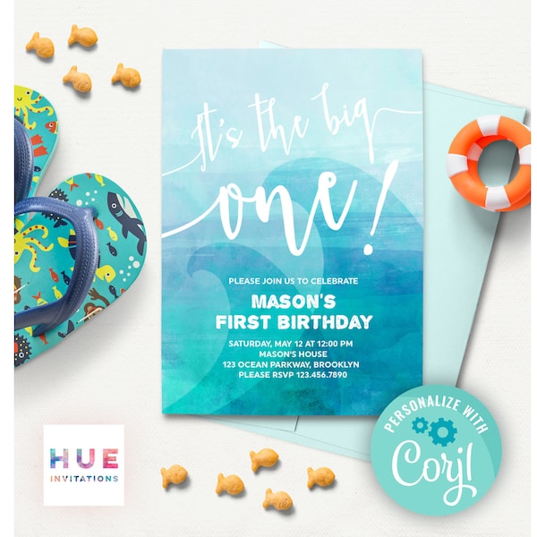 it's the big one! wave 1st birthday invitation EDITABLE FILE | ocean surfing boys first birthday invitation blue watercolor instant download