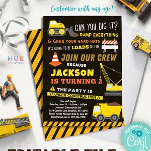May include: A yellow and black construction themed birthday party invitation for a boy turning two. The invitation features a cartoon excavator, dump truck, and construction cones. The text reads "Can you dig it? Dump everything & grab your hard hats. It's going to be loads of fun. Join our crew because Jackson is turning 2. The party is under construction."