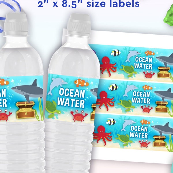 ocean water bottle labels for an under the sea theme birthday party | aquarium birthday party water bottle wraps for boys and girls