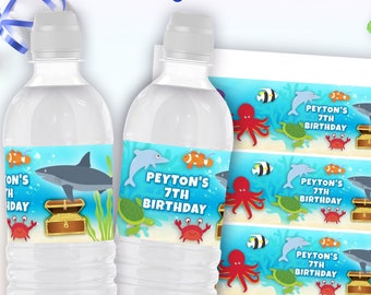 under the sea party water bottle labels | ocean animals theme birthday water bottle wraps | editable template