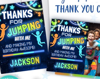 Tarjetas de agradecimiento para la fiesta de salto de niños / Plantillas editables de tarjeta de agradecimiento de cumpleaños en el parque de trampolines azul, naranja y verde / Gracias por saltar conmigo