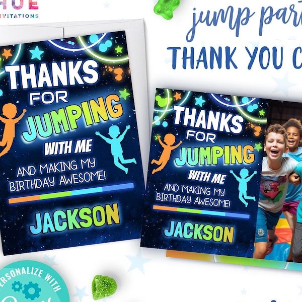 boys jump party thank you cards | blue orange green trampoline park birthday thank you card editable templates | thanks for jumping with me