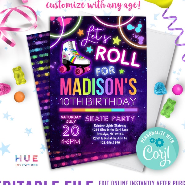 roller skating birthday invitation instant download | let's roll roller skate party invitation | girls neon rainbow glow birthday invite