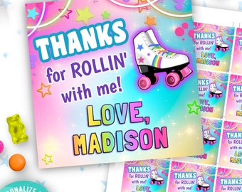 rainbow roller skate birthday party favor tags editable templates 2" square and 3" square | girls roller skating birthday thank you tags