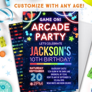 arcade party birthday invitation editable instant download | rainbow neon glow arcade games birthday party photo invitation boys or girls