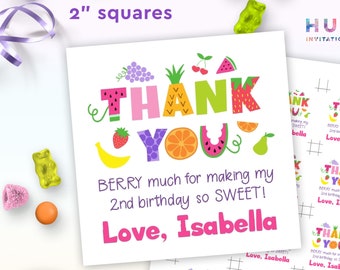 TWOtti frutti birthday party favor tags Corjl template | twotti fruity 2nd birthday thank you tag editable templates