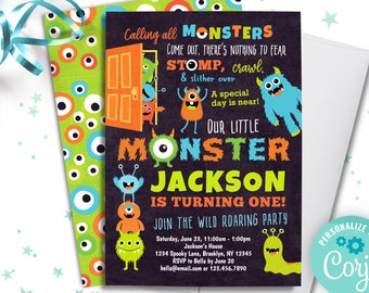 little monster 1st birthday invitation instant download | boys cute monster mash party first birthday invitation | orange blue & lime green