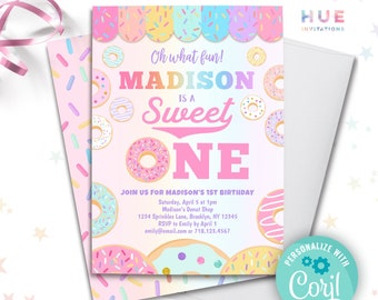 sweet ONE donut 1st birthday invitation instant download | girls donut first birthday party invitation | rainbow sprinkles donut shop invite