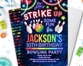 boy bowling invitation Corjl template | let's strike up some fun boys bowling birthday party invitation | rainbow neon glow bowling invite