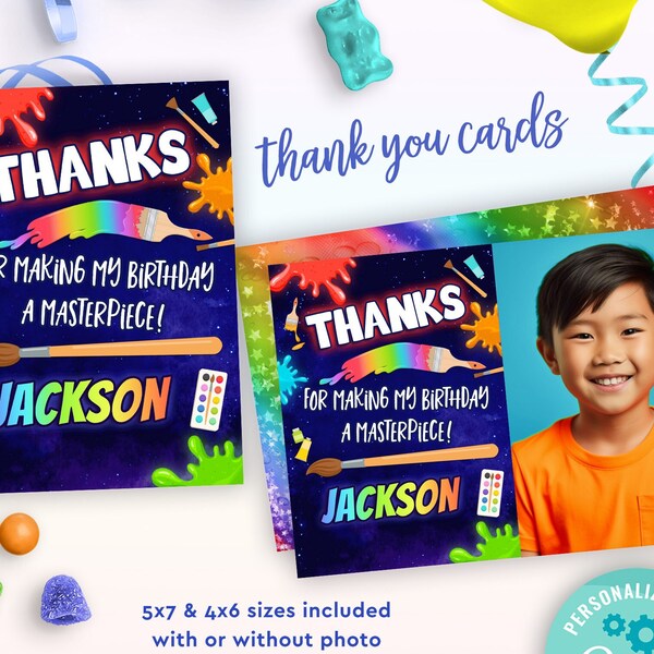 boys painting party thank you cards editable templates | paint & celebrate theme art birthday thank you cards 5x7 and 4x6 size